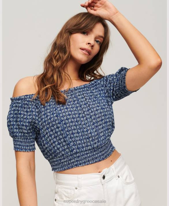 smocked κοντομάνικο crop top γυναίκες είδη ένδυσης μπλε Superdry L02L2023