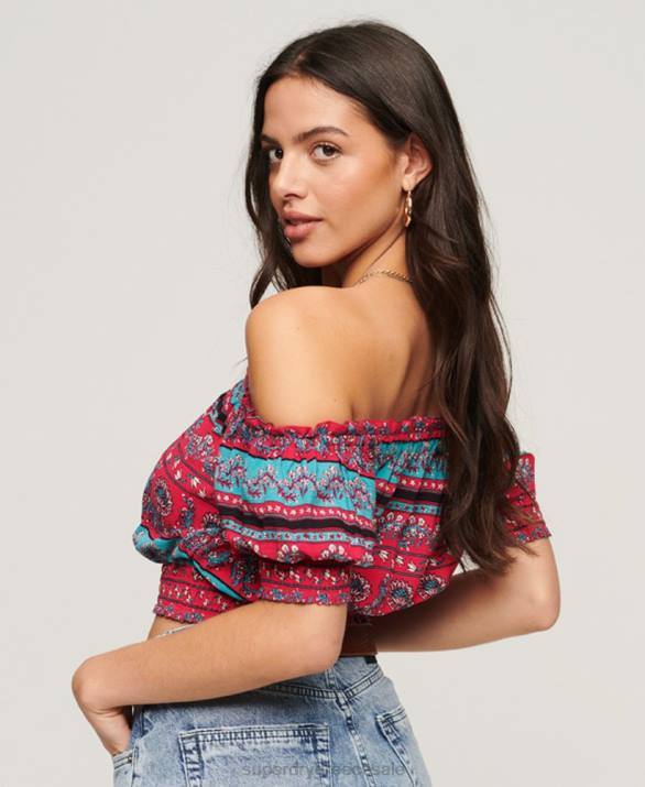 smocked κοντομάνικο crop top γυναίκες είδη ένδυσης ροζ Superdry L02L2109