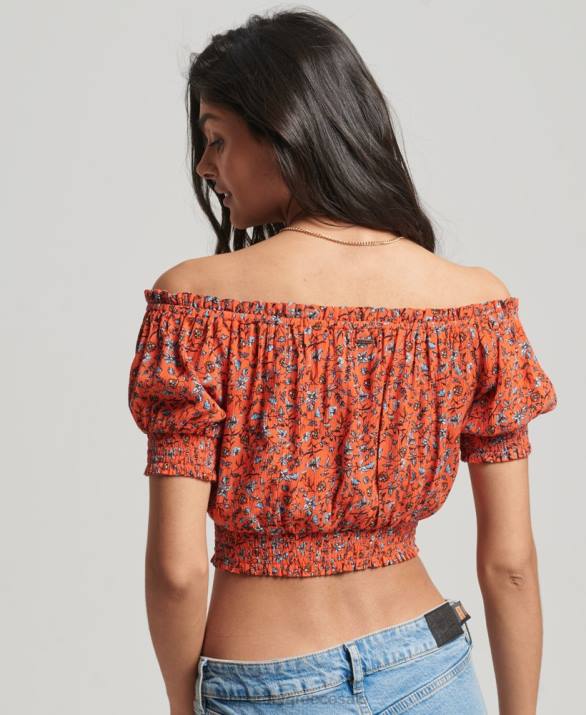 smocked κοντομάνικο crop top γυναίκες είδη ένδυσης πορτοκάλι Superdry L02L2110