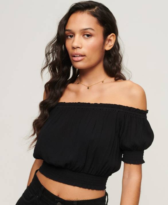 smocked κοντομάνικο crop top γυναίκες είδη ένδυσης μαύρος Superdry L02L2870