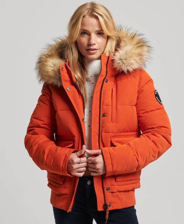 everest puffer bomber jacket με κουκούλα γυναίκες είδη ένδυσης πορτοκάλι Superdry L02L3591