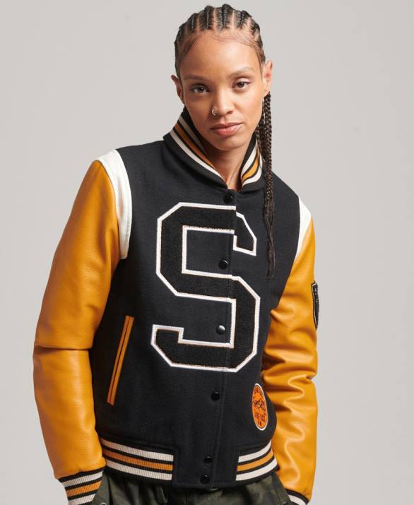 μάλλινο pu bomber τζάκετ varsity γυναίκες είδη ένδυσης μαύρος Superdry L02L5467