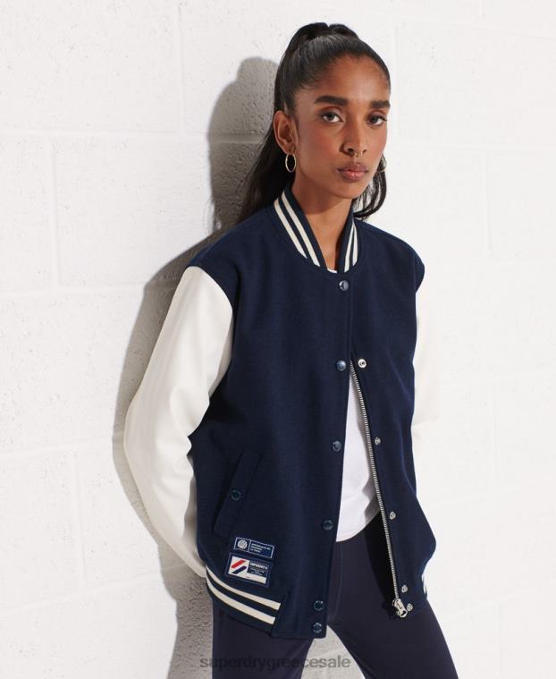 μάλλινο μπουφάν μπέιζμπολ varsity γυναίκες Superdry είδη ένδυσης 00T2R5662 ΠΟΛΕΜΙΚΟ ΝΑΥΤΙΚΟ