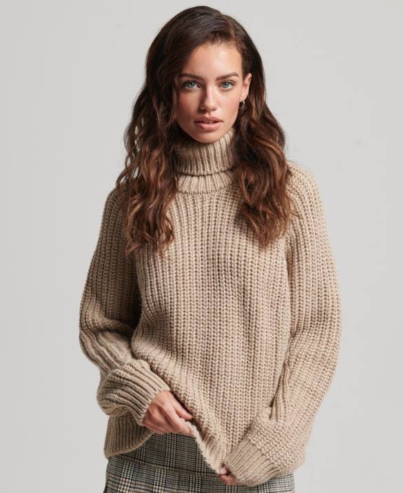 slouchy βελονιά ρολό πλεκτό jumper γυναίκες είδη ένδυσης μπεζ Superdry L02L3986