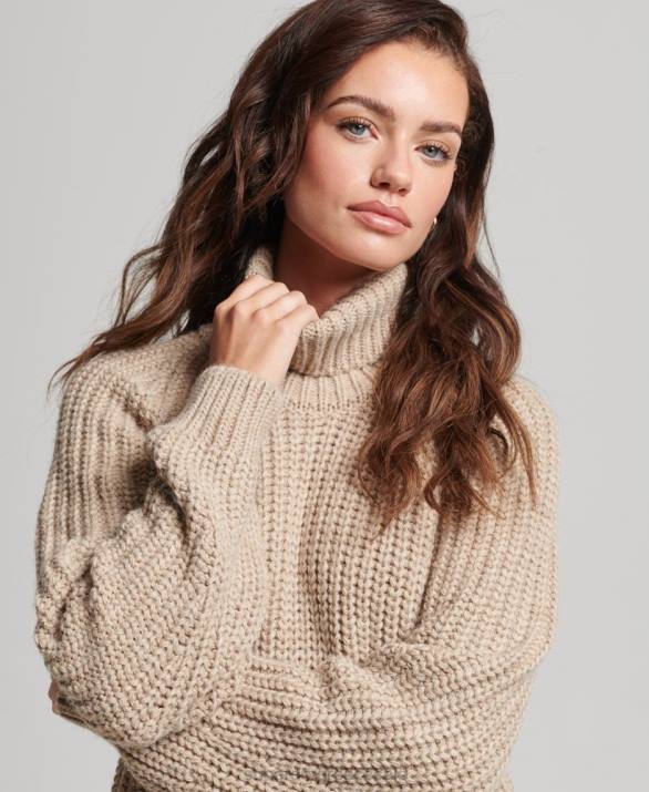 slouchy βελονιά ρολό πλεκτό jumper γυναίκες είδη ένδυσης μπεζ Superdry L02L3986