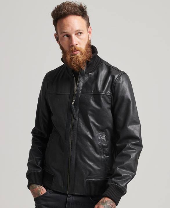 δερμάτινο bomber jacket με πλεκτό γιακά άνδρες είδη ένδυσης μαύρος Superdry L02L1108