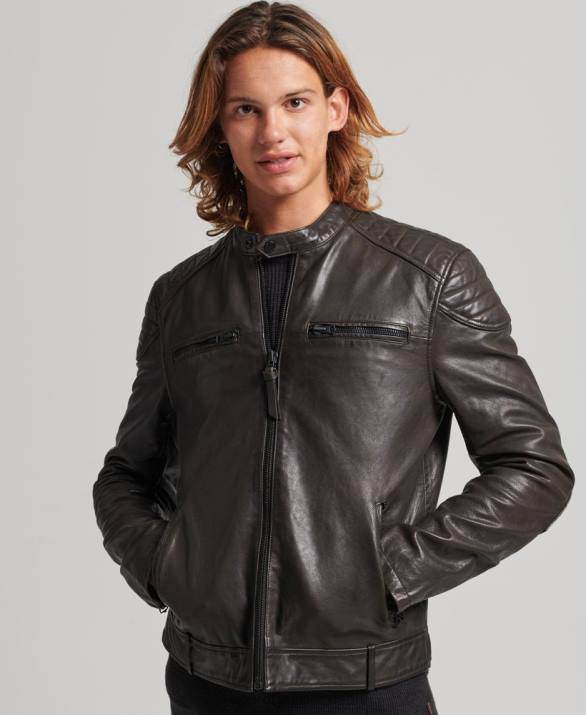 δερμάτινο moto racer jacket άνδρες είδη ένδυσης σκούρο γκρι Superdry L02L1088